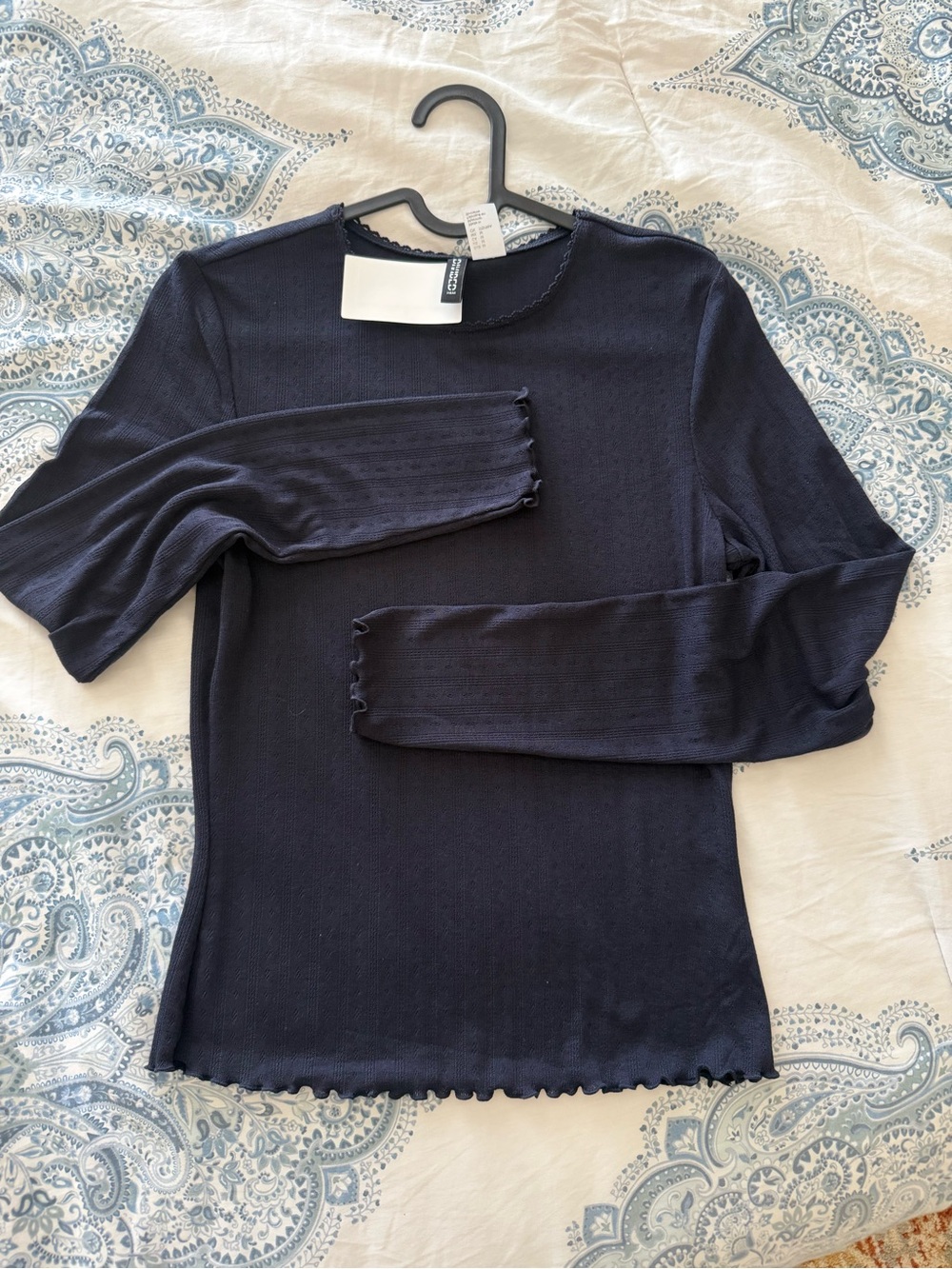 Divided Navy Ribbed Long-Sleeve Lettuce-Edge Top